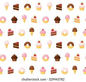 Seamless vector pattern of bright cartoon dessert icons. Cakes, cupcakes, donuts and ice cream in different flavors: vanilla, chocolate and strawberry.