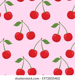 Seamless vector pattern with bright cherry on a pink background. Suitable for the design of textile fabric, wrapping paper, and wallpaper for websites. Vector illustration.