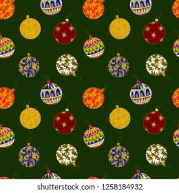 seamless vector pattern with bright christmas balls on green background

