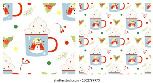 Seamless vector pattern with bright Christmas mug on a white background with decorations. Festive ornament for menu decor, cafe, product packaging, wrapping paper and more.