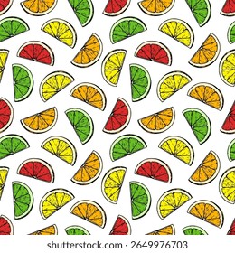 Seamless vector pattern with bright citrus fruit slices. Summer design for textiles, fabrics, paper, wrappers, covers and other surfaces.