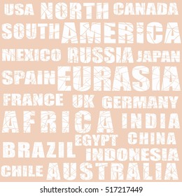 Seamless vector pattern bright coffee beige white color words and letters depicting continents and countries of the world. Bright image on a dark background.