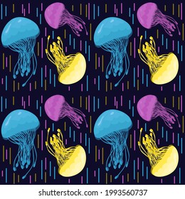 Seamless vector pattern with bright colored jellyfish. Flat marine print on a dark background.