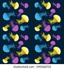 Seamless vector pattern with bright colored jellyfish. Flat abstract marine print on a dark background.