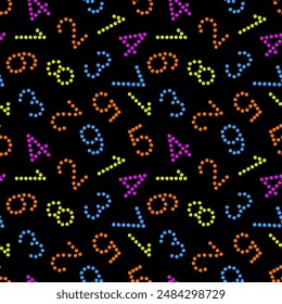 Seamless vector pattern with bright colored numbers on a black background.