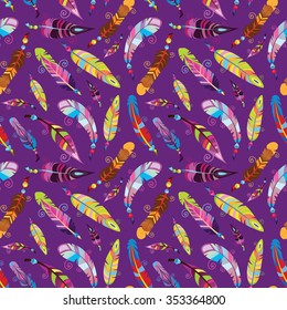 Seamless vector pattern. Bright colored feathers and beads and jewels.