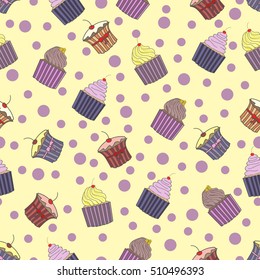 Seamless vector pattern. Bright colored cupcakes and polka dots on the yellow background pattern.