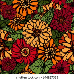 Seamless vector pattern of bright colored flowers. Zinnia flowers.