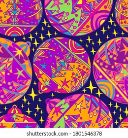 Seamless vector pattern bright colorful illustration of Christmas decorations with stars. Festive bright design. The design is perfect for packaging, backgrounds, textiles, decorations