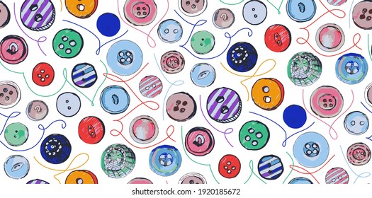Seamless vector pattern with bright colorful buttons and threads