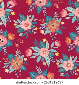 Padrão de vetor sem emenda com flores coloridas brilhantes em um fundo rosa vibrante. Design floral ousado e alegre perfeito para tecido, papel de parede, papel de embrulho e projetos temáticos de primavera-verão.