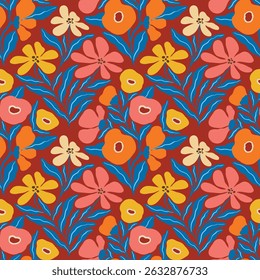 Seamless vector pattern with bright, colorful flowers on a vivid red background. Bold floral design perfect for fabric, gift wrap, wallpaper, stationery, and festive decorative projects.