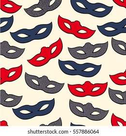 Seamless vector pattern. Bright colorful carnival masks pattern on the light yellow background.