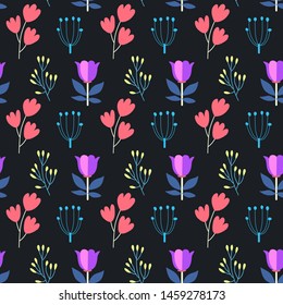 Seamless vector pattern with bright colors on a dark background. Perfect for packaging design, textiles, design of various printing