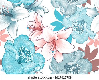 Seamless vector pattern with bright colors of camellias and lilies. Abstract summer floral background for design.