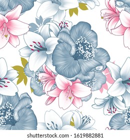 Seamless vector pattern with bright colors of camellias and lilies. Abstract summer floral background for design.Vector illustration.