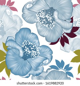 Seamless vector pattern with bright colors of camellias and lilies. Summer floral background.