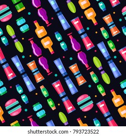 Seamless vector pattern with bright cosmetic tubes. Cartoon bathroom bottles. Cute spa dark background.