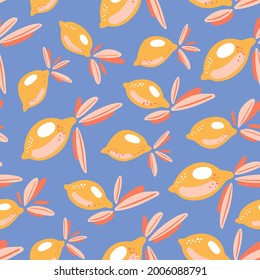 Seamless vector pattern with bright cute lemons on a blue background. 