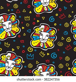Seamless vector pattern with bright Cute Lion Head on black background