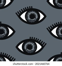 Seamless vector pattern with bright eyes on grey background. Simple Gothic repeat wallpaper design. Decorative scary dream fashion textile.
