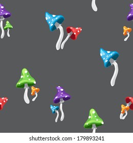 Seamless vector pattern with bright fairy mushrooms