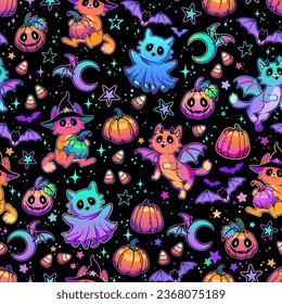 Seamless vector pattern. Bright fantasy cats and ghosts