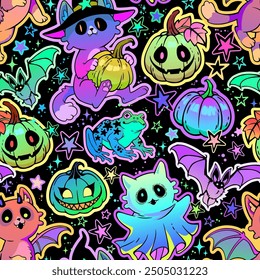 Seamless vector pattern. Bright fantasy cats and ghosts