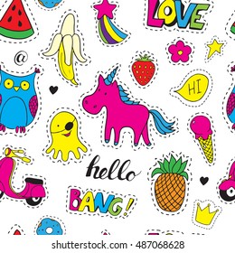 Seamless vector pattern with bright fashion patch badges. Hand drawn funny stickers. Modern doodle pop art sketch and inscriptions. Cute pins and icons in cartoon 80s-90s comic style.