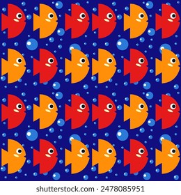 Seamless vector pattern with bright fish and bubbles. Children's background for print, design, textiles, fabrics, surfaces.