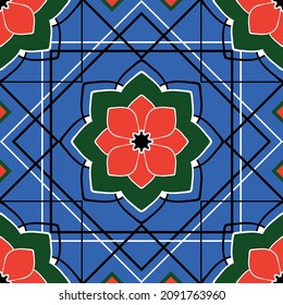 Seamless vector pattern with bright floral wall tile on blue background. Simple geometrical wallpaper design. Decorative mosaic fashion textile.