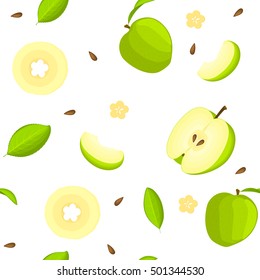 Seamless vector pattern of bright fruit. White background with delicious green apples, whole, slice, half, slice, leaves. Illustration can be used for printing on fabric, textile in design packaging
