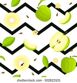 Seamless vector pattern of bright fruit. Striped zig-zag background with delicious green apples, whole, slice, half, slice, leaves. Illustration for printing on fabric, textile in design packaging