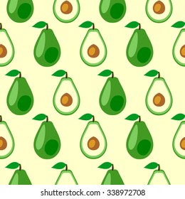 Seamless vector pattern, bright fruits symmetrical background with avocado, whole and half over light backdrop. Series of fruits and ingredients for cooking.