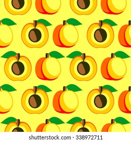 Seamless vector pattern,  bright  fruits symmetrical background with apricots, whole and half over light backdrop. Series of fruits and ingredients for cooking.