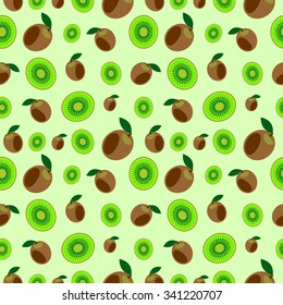 Seamless vector pattern,  bright  fruits chaotic background with kiwi, whole and half over light green backdrop. 