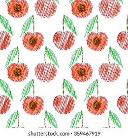 Seamless vector pattern,  bright fruits background with cherry, whole and half on the white backdrop