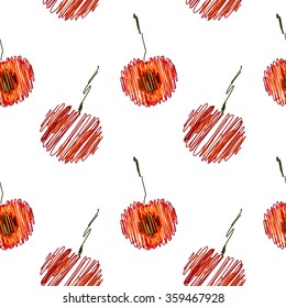 Seamless vector pattern,  bright fruits background with cherry, whole and half on the white backdrop