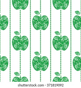 Seamless vector pattern,  bright  fruits symmetrical background with green decorative ornamental apples, on the white backdrop. Series of Fruits and Vegetables Seamless Patterns. 