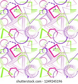 Seamless vector pattern with bright geometric shapes on a white background.