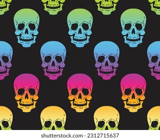 Seamless vector pattern with bright gradient skulls. 