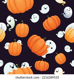 Seamless vector pattern for a bright Halloween. Ghosts and pumpkins on a dark background. 