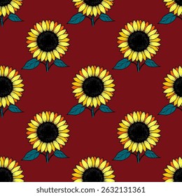 Seamless vector pattern with bright hand drawn sunflowers on burgundy background. Floral autumn design for textile, fabric, wallpaper, paper and other surfaces.