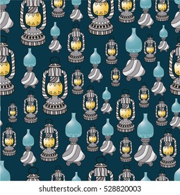 Seamless vector pattern. Bright hand drawn magic lamps on the dark blue background.