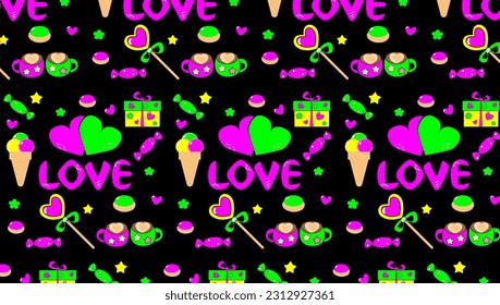 Seamless vector pattern. Bright hearts, coffee, ice cream, candies on a black background, text love, festive romantic. EPS10 vector.