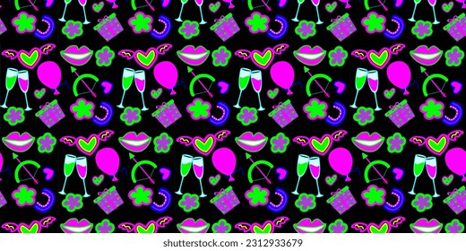Seamless vector pattern. Bright hearts, coffee, ice cream, candies on a black background, text love, festive romantic. EPS10 vector.