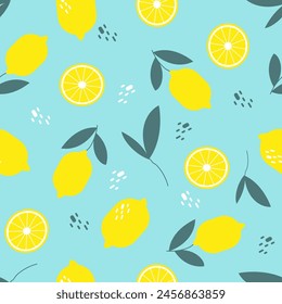 Seamless vector pattern with bright lemons and leaves. Minimalistic natural background.
