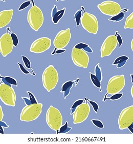 Seamless vector pattern with bright limes and dark blue leaves on a blue background. Green citrus fruits.