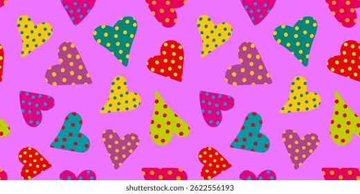 padrão de vetor sem costura brilhante multicolorido polka ponto corações no fundo roxo claro, divertido brilhante amor abstrato design para Dia dos Namorados tema romântico