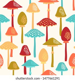 Seamless vector pattern with bright mushrooms.